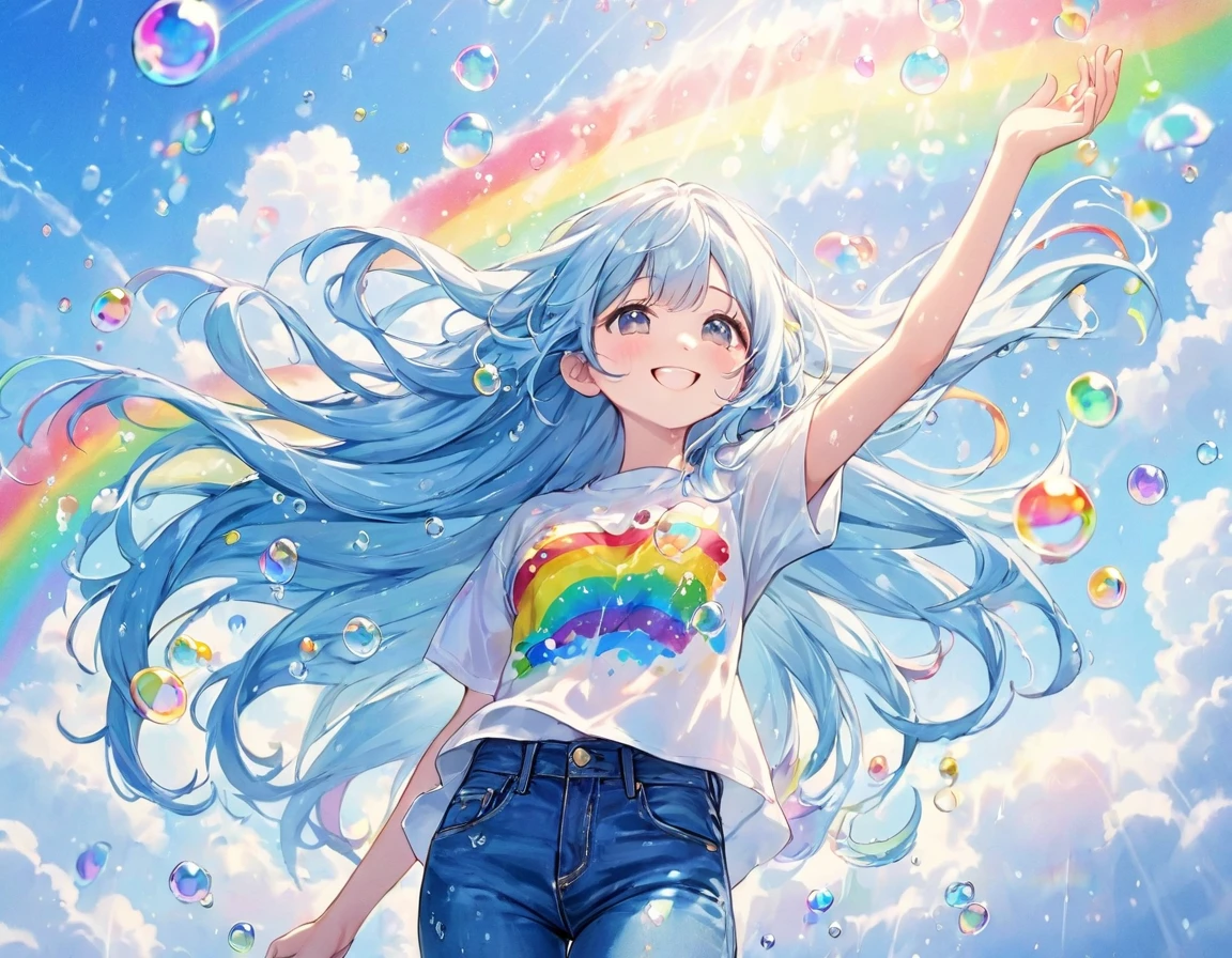  (Highest quality), (Super detailed),(Light blue long hair),(figure), (One girl), Beautiful fine details,Delicate and beautiful face,smile、A big rainbow in the blue sky after the rain、Colorful rainbow bubbles、Jeans on a t-shirt、floating,(High saturation),(Colorful splashes),