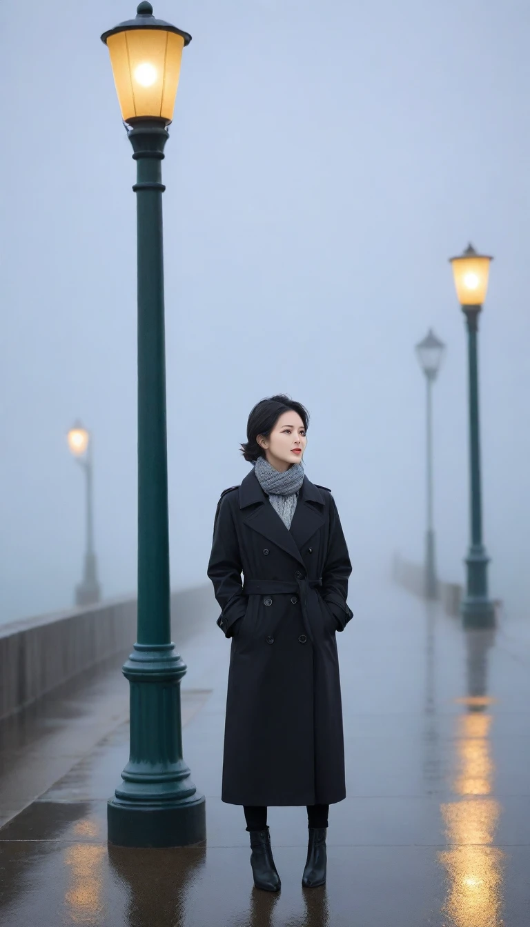 Ah k, Vivid picture quality, Beautiful 36-year-old Korean woman, short medium hair, scarf, rain, Fog, ocean, tide,umbrella, only, breakwater, Street lamp, Black coat, 짙은 Fog가 낀 ocean