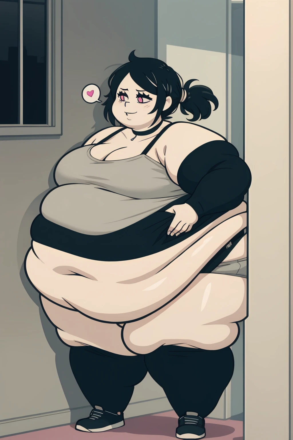 Morbidly obese, full body, arched back, highres, ashleygraves, 1girl, solo, wide open eyes, pink eyes, low ponytail, white outline, monochrome, choker, indoors, smile, looking at viewer, <3, full body, one hand, spoken heart, zoomed out, Round face, double chin, fat chin, fat cheeks, fat neck, round face, SSBBW, flabby arms, round face, double chin, fat double chin, big double chin, fat neck, chubby cheeks, fat thighs, fat calves, morbidly obese, flabby , giant , large belly, obese, fat face, belly, double chin, obesity, flabby breasts, fat arms and legs, fat everything,