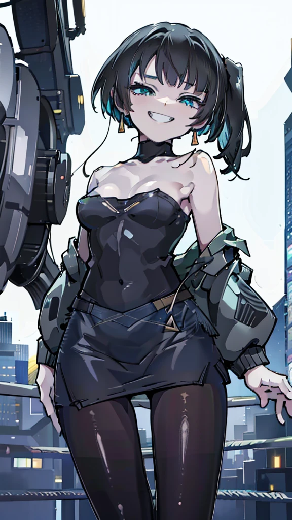 (8k、Best image quality、highest quality、masterpiece)、Detailed face、One girl、Black Hair、twintails、Light blue eyes、evil smile、((Grin))、Small breasts、((white knit))、Off the shoulder、Strapless、((denim pencilskirt))、((pantyhose))、Cowboy Shot、City Background