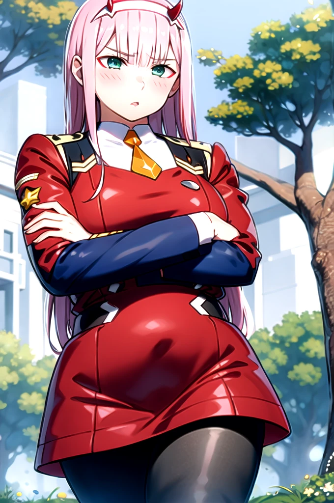 ZeroTwo, 1girl, solo, long hair, looking at viewer, long sleeves, dress, medium breasts, very long hair, green eyes, standing, pink hair, pantyhose, hairband, parted lips, necktie, horns, uniform, aqua eyes, black pantyhose, military, military uniform, red dress, straight hair, white hairband, short necktie, orange necktie, outdoors, forest, blue sky, upper body, blush, nose blush, closed mouth, crossed arms, serious