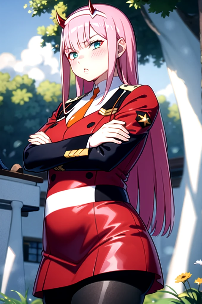 ZeroTwo, 1girl, solo, long hair, looking at viewer, long sleeves, dress, medium breasts, very long hair, green eyes, standing, pink hair, pantyhose, hairband, parted lips, necktie, horns, uniform, aqua eyes, black pantyhose, military, military uniform, red dress, straight hair, white hairband, short necktie, orange necktie, outdoors, forest, blue sky, upper body, blush, nose blush, closed mouth, crossed arms, serious