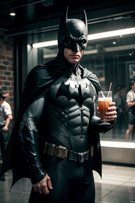 Create artwork of Batman in uniform enjoying his vacation drinking and dancing 