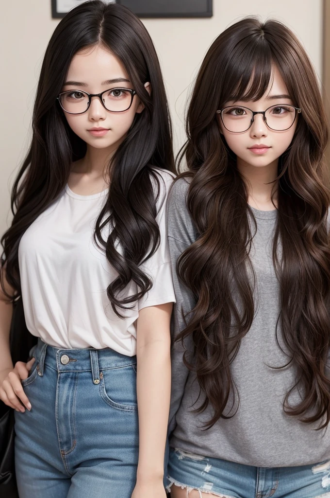 Draw a picture of two girls, one with straight hair and wearing glasses, the other with curly hair.