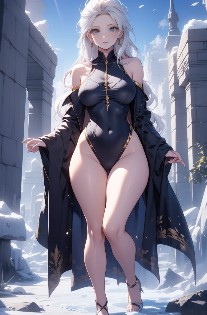 female, solo, young, sexy body, voluptuous figure, tightsuit, white hair, decolored blonde hair, ice effects around, ice queen, beautifull face, long hair, defined body, yellow and bright eyes, thick legs, strong legs, tall, Voluptuous legs, huge ass, big hip, big ass, female sorcerer, blue and black robes,