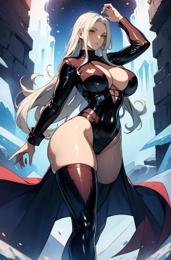 female, solo, young, sexy body, voluptuous figure, tightsuit, white hair, decolored blonde hair, ice effects around, ice queen, beautifull face, long hair, defined body, yellow and bright eyes, thick legs, strong legs, tall, Voluptuous legs, huge ass, big hip, big ass, female sorcerer, blue and black robes, long hair