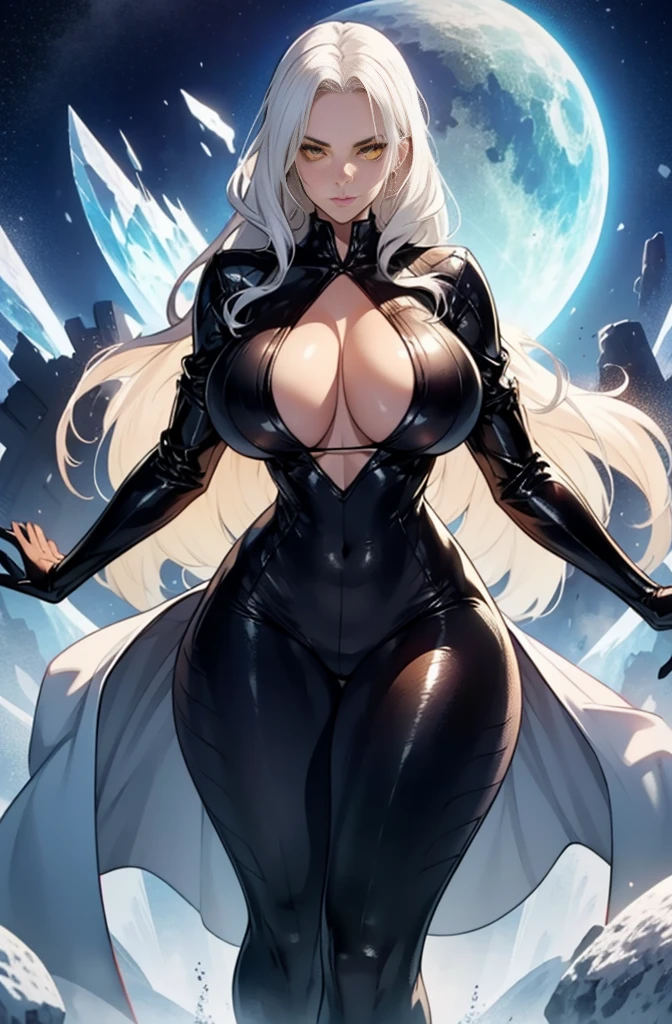 female, solo, young, sexy body, voluptuous figure, tightsuit, white hair, decolored blonde hair, ice effects around, ice queen, beautifull face, long hair, defined body, yellow and bright eyes, thick legs, strong legs, tall, Voluptuous legs, huge ass, big hip, big ass, female sorcerer, blue and black robes, long hair