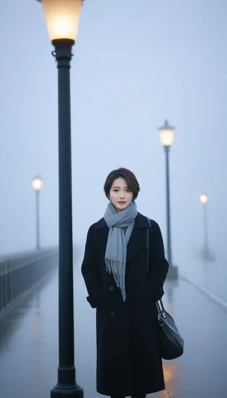 Ah k, Vivid picture quality, Beautiful 36-year-old Korean woman, short medium hair, scarf, rain, Fog, ocean, tide,umbrella, only, breakwater, Street lamp, Black coat, 짙은 Fog가 낀 ocean