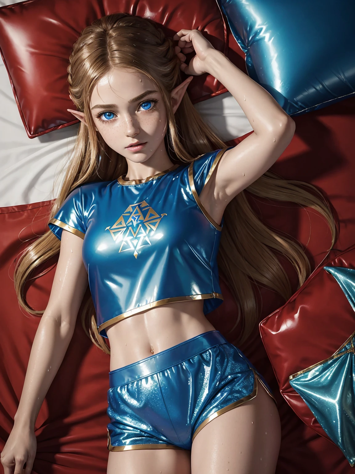 masterpiece. 4k. highly detailed epic fantasy oil painting of beautiful Princess Zelda. sparkly blue eyes, freckles. detailed stylish suit,
shiny reflective red leather shorts for the summer. crop top shirt. athletic. Hyrule motif. lying on bed. sweating. sweating. sheets. wet.
from above, eagle eye shot, far shot. pillows.
