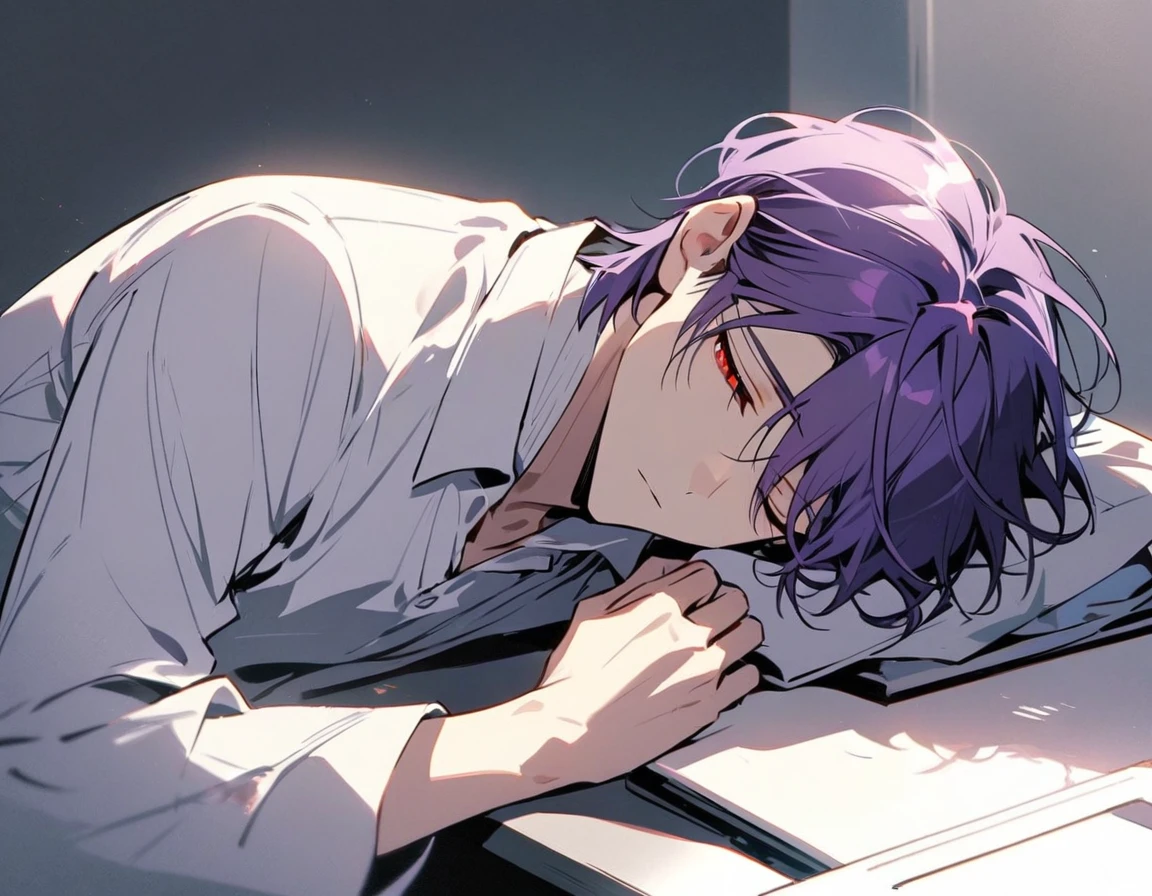 Handsome, Solitary, 1 male, Purple Hair, Red Eyes, White shirt, Light-colored coat,Quiet face, Sleeping on the table,The light from the display screen shone on his face