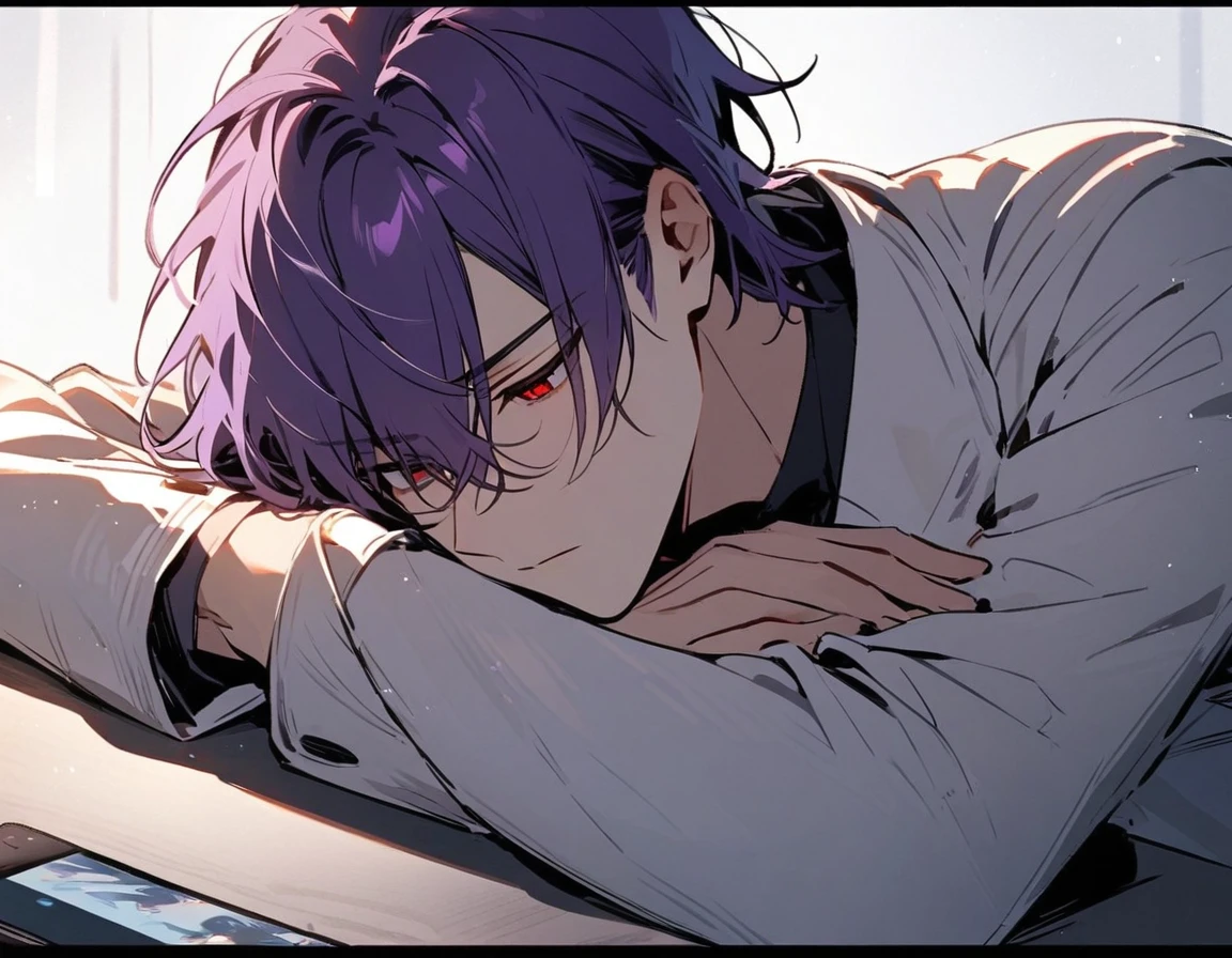 Handsome, Solitary, 1 male, Purple Hair, Red Eyes, White shirt, Light-colored coat,Quiet face, Sleeping on the table,The light from the display screen shone on his face