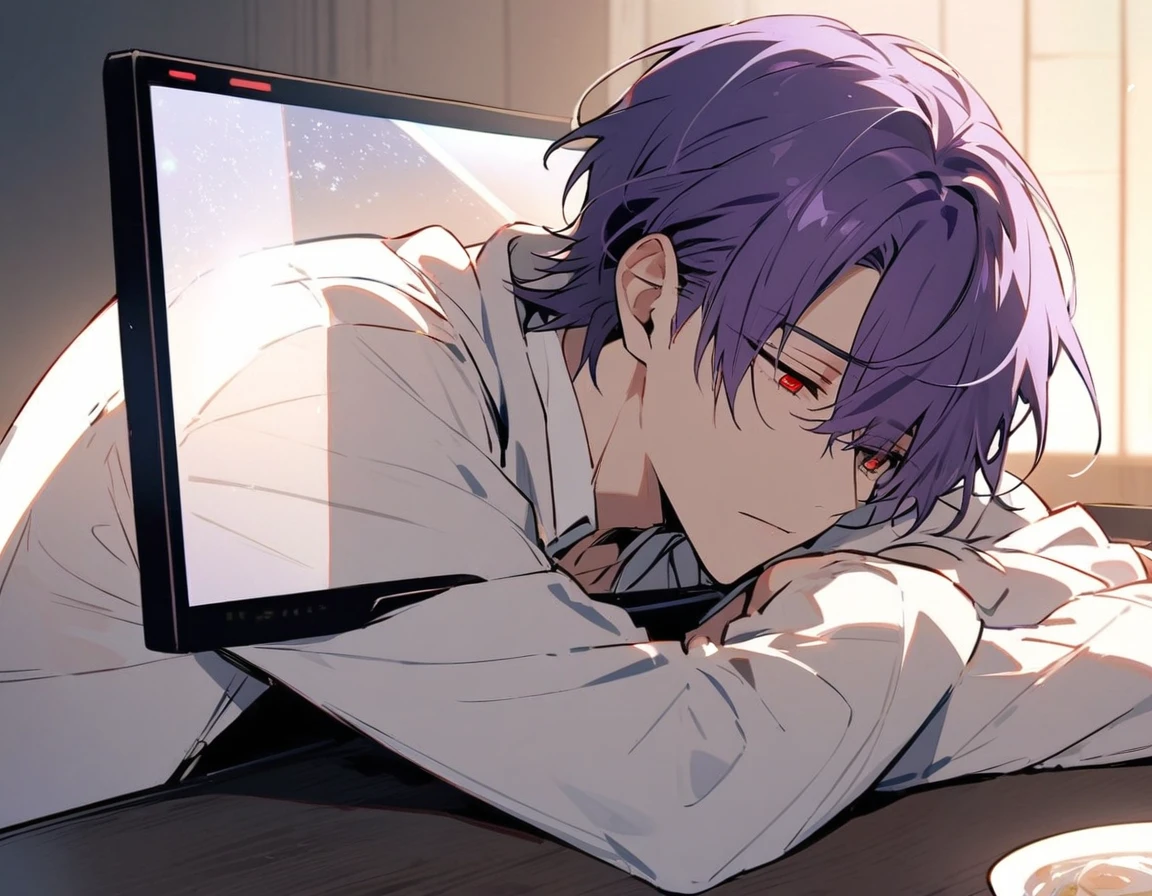 Handsome, Solitary, 1 male, Purple Hair, Red Eyes, White shirt, Light-colored coat,Quiet face, Sleeping on the table,The light from the display screen shone on his face