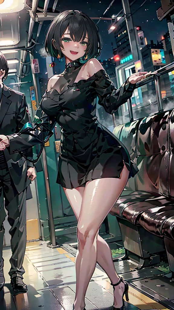 (8k, RAW photo、highest quality、masterpiece:1.2), Masterpiece, best quality, high resolution, very detailed, detailed background, 1 girl, looking at the audience, standing on the subway, inside the train, posing pose,  off-the-shoulder dress, skirt, transparent, happy, (steam),((sweat))、The temptress、invite to lewdness、(night:1.6)