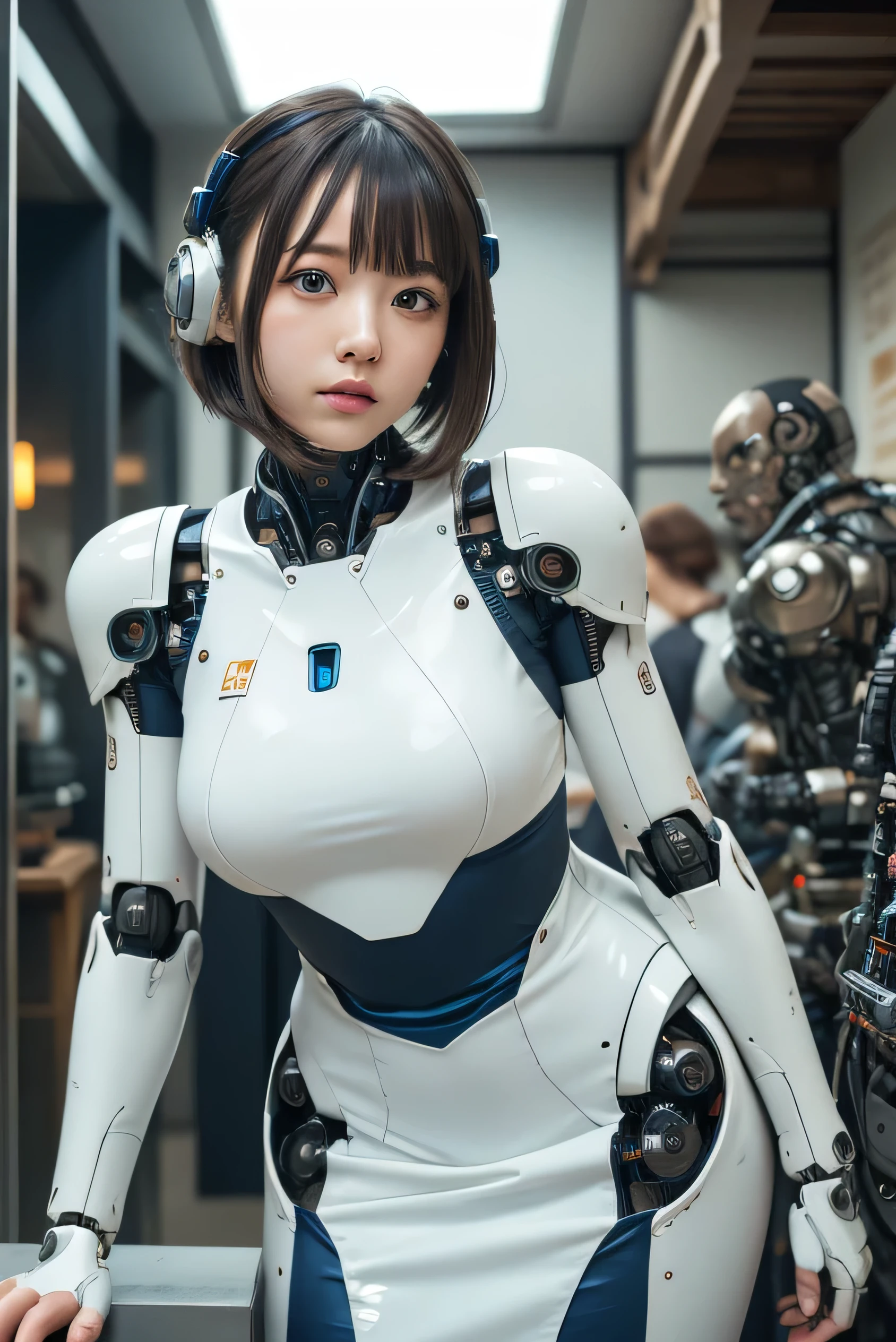 masterpiece, best quality, extremely detailed, Japanese android girl,Plump ,control panels,robot arms,robot,android,cyborg,white robot body,ceramic body,perfect robotgirl,blunt bangs,swim suit,swimmer,blue eyes
