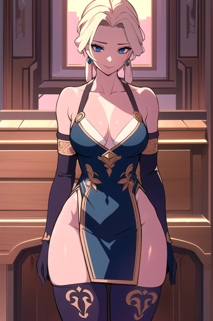 8k ultra realistic cg, Masterpiece, (( intricate detail, Very detailed, fine details the best quality, hyper-detailed face)), giant breasts ,beautiful lighting, absurdities, BoaHancockV2, 1 girl, Alone, black fur, wide, jewelry, Closed mouth, ), (chinese dress, (under the chest : 1.4), elbow gloves, thigh high boots, split skirt, bare shoulders, curves, diaphragm, curves, Thighs, bright clothes), Blue eyes, (complex and detailed background, inside, luxury palace), ((cowboy shot)), curves, (giant breasts: 1.1), seductive smile, cowboy shot, (tanned skin :1.1) (tanned:1.1)