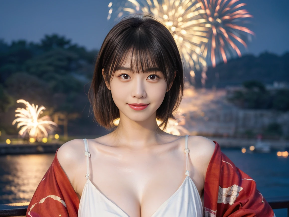 (masterpiece, realistic, photo-realistic:1.2), finely detail, ultra high res, perfect anatomy, best quality, 8K, soft focus, (happy smile:1.2), (3girls, harem, Japanese short girls, kimono:1.2), portrait, upper body shot, (black straight hair, short hair, blunt bangs:1.2), beautiful detailed face and big eyes, (glowing fair skin, shiny oiled body:1.2), (pointed huge breasts, gigantic breasts:1.2), (bloom, awesome detailed fireworks, night view, sea side:1.2),