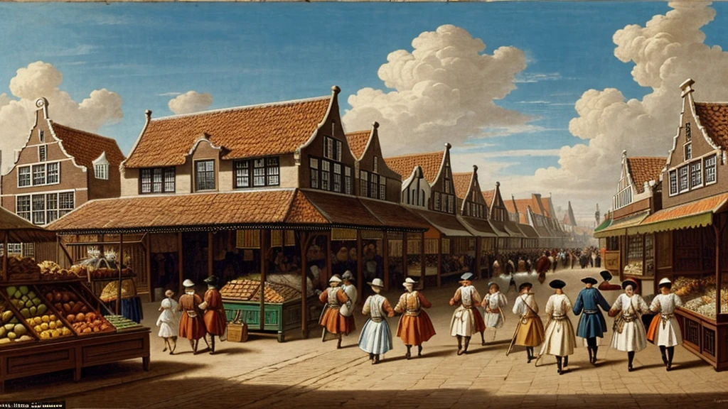 Depictions of thriving 17th Century Dutch East India Company trade, bustling markets
of bustling Dutch markets with exotic goods.
