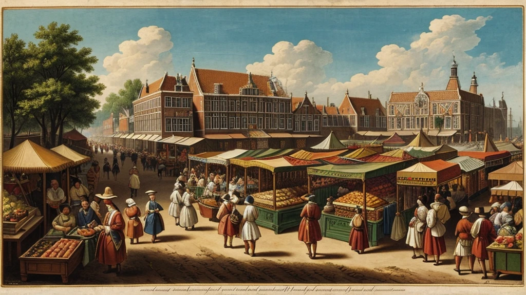 Depictions of thriving 17th Century Dutch East India Company trade, bustling markets
of bustling Dutch markets with exotic goods.

