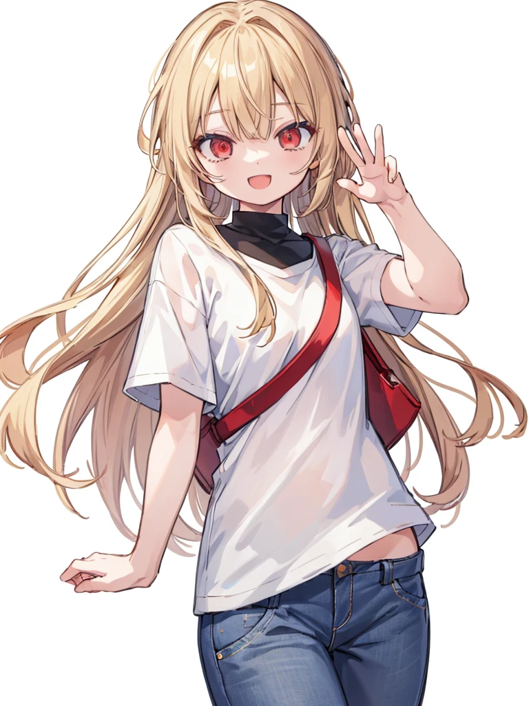 (masterpiece, best quality, highres:1.2), white background, simple background, 1girl, blonde hair, long hair, straight hair, red eyes, smile, open mouth, waving, white t-shirt, short sleeves, jeans
