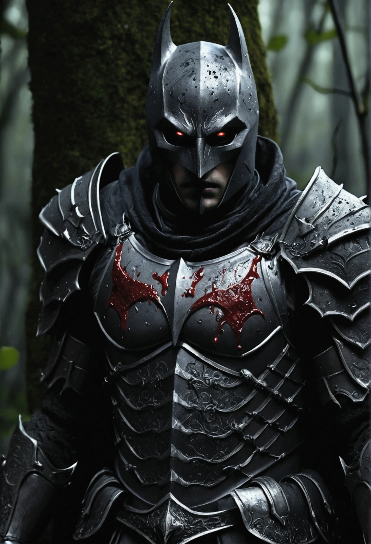 Very detailed, ultra detailed, masterpiece, darknight, with armor, black eyes, blood on the face, drops of blood, in a florest, dark environment, dark fantasy, night, darkness