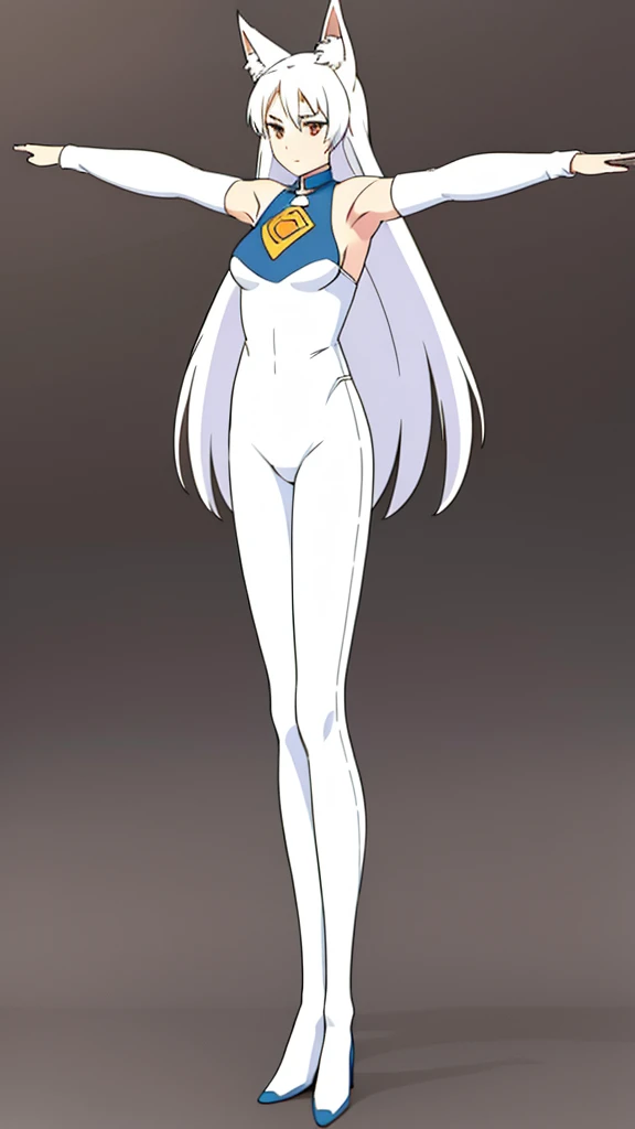 1girl ,solo,20s,mature female,white hair,long hair,fox ears,(simple background),white leggings,outstretched arms, standing