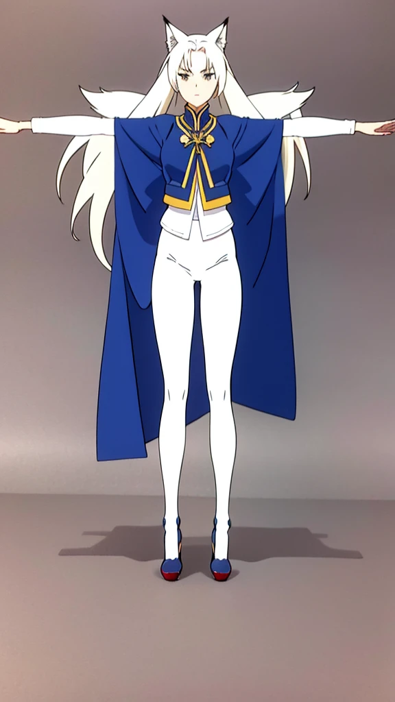 1girl ,solo,20s,mature female,white hair,long hair,fox ears,(simple background),white leggings,outstretched arms, standing