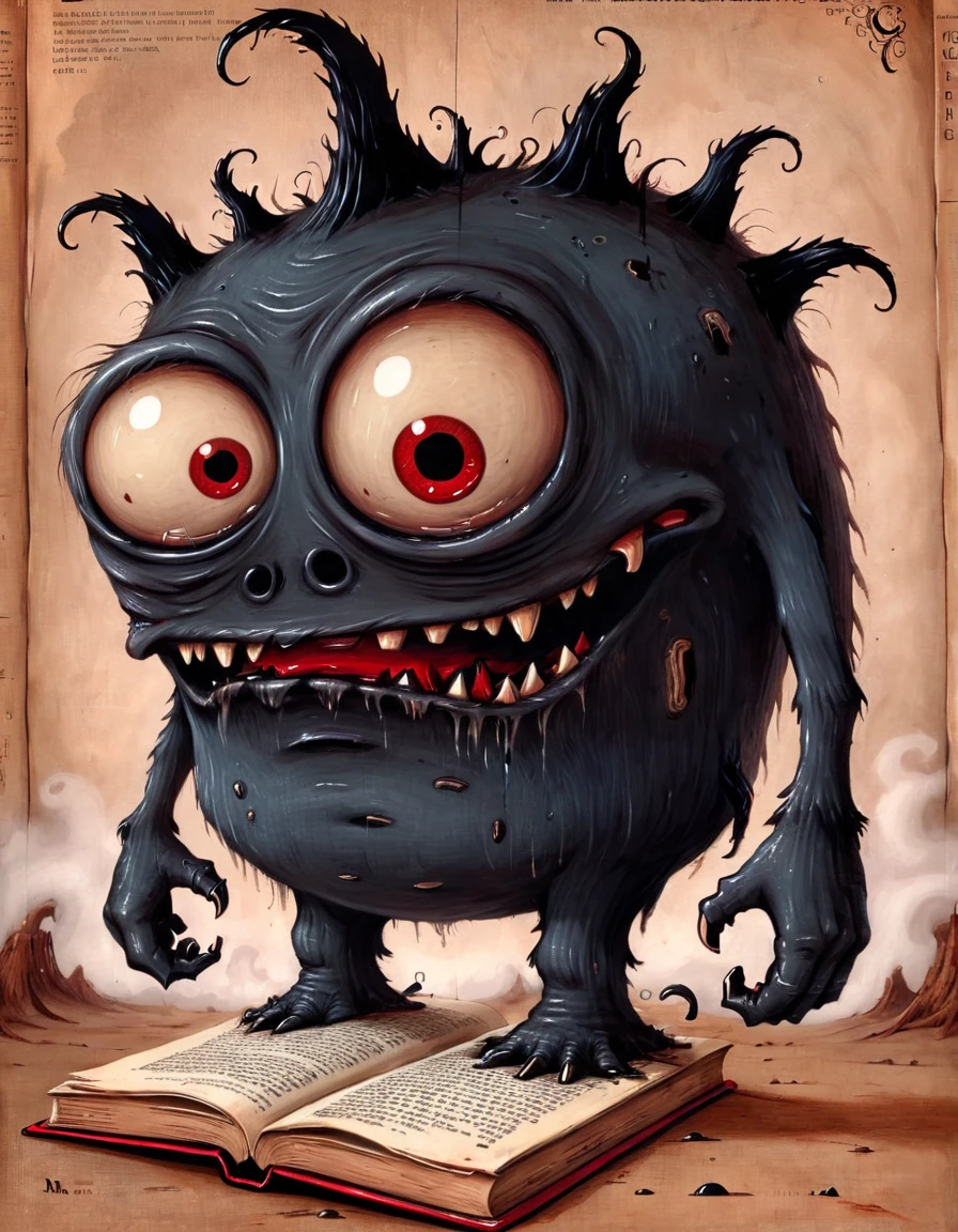 A little black ink monster con medias rojas coming out of the book of poems.