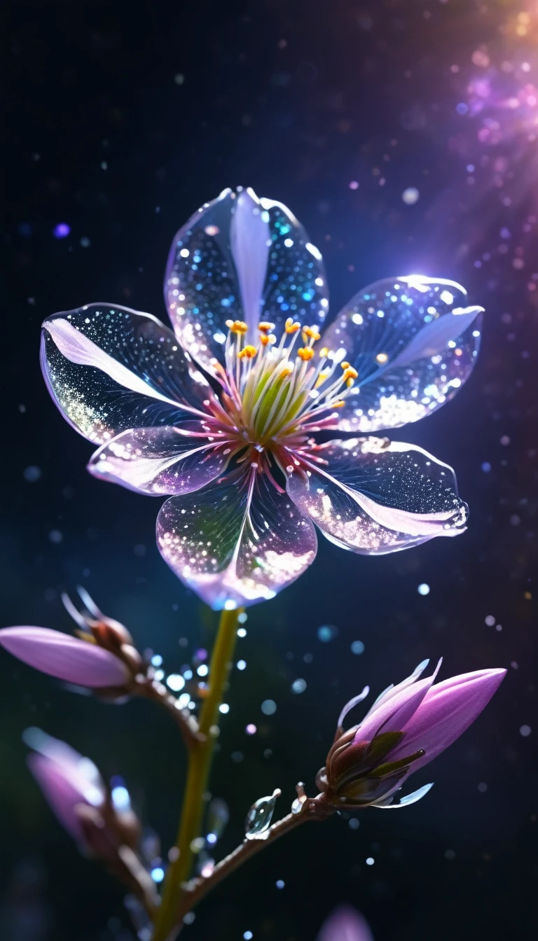 crystal spring blossom,
fantasy, galaxy, transparent, 
shimmering, sparkling, splendid, colorful, 
magical photography, dramatic lighting, photo realism, ultra-detailed, 4k, Depth of field, High-resolution