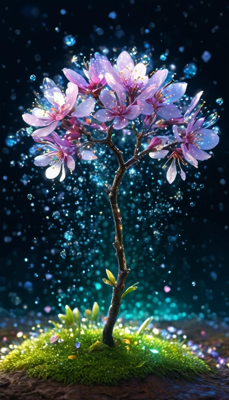 crystal spring blossom,
fantasy, galaxy, transparent, 
shimmering, sparkling, splendid, colorful, 
magical photography, dramatic lighting, photo realism, ultra-detailed, 4k, Depth of field, High-resolution