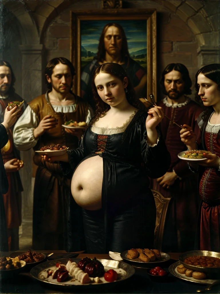 One Renaissance painting of a woman at an elaborate feast alone, dark shadows, alone, mideval background ,over eating, stuffed belly, (Renaissance oil painting:1.1), stuffed belly, best quality, extremely high resolution, sharp focus, dynamic, (creativity:1.3)