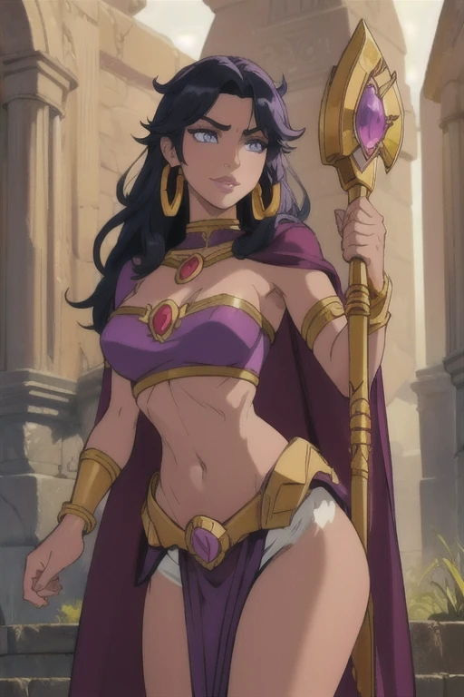 Fantasy style, Fantasy setting, A beautiful young sorceress (1 girl), dark-skinned female, with long purple flowing hair, purple eyes, purple iris, mascaras purple eyeshadow, smile, purple lipstick, skin covered in purple markings, (Wearing: golden headpiece, golden ringed earrings, purple cape, purple strapless top, purple loincloth, pelvic curtain, golden armlets, golden boots), ((Holding a golden staff)), looking mature and alluring at 28 years old, (detailed eyes, detailed lips, extremely detailed face), intricate detailed portrait, photo realistic, 8k, highly detailed, cinematic lighting, warm color palette, castle ruins background, detailed foliage, golden hour lighting, dramatic lighting, dramatic pose, sensual, alluring, captivating gaze, photorealistic, masterpiece