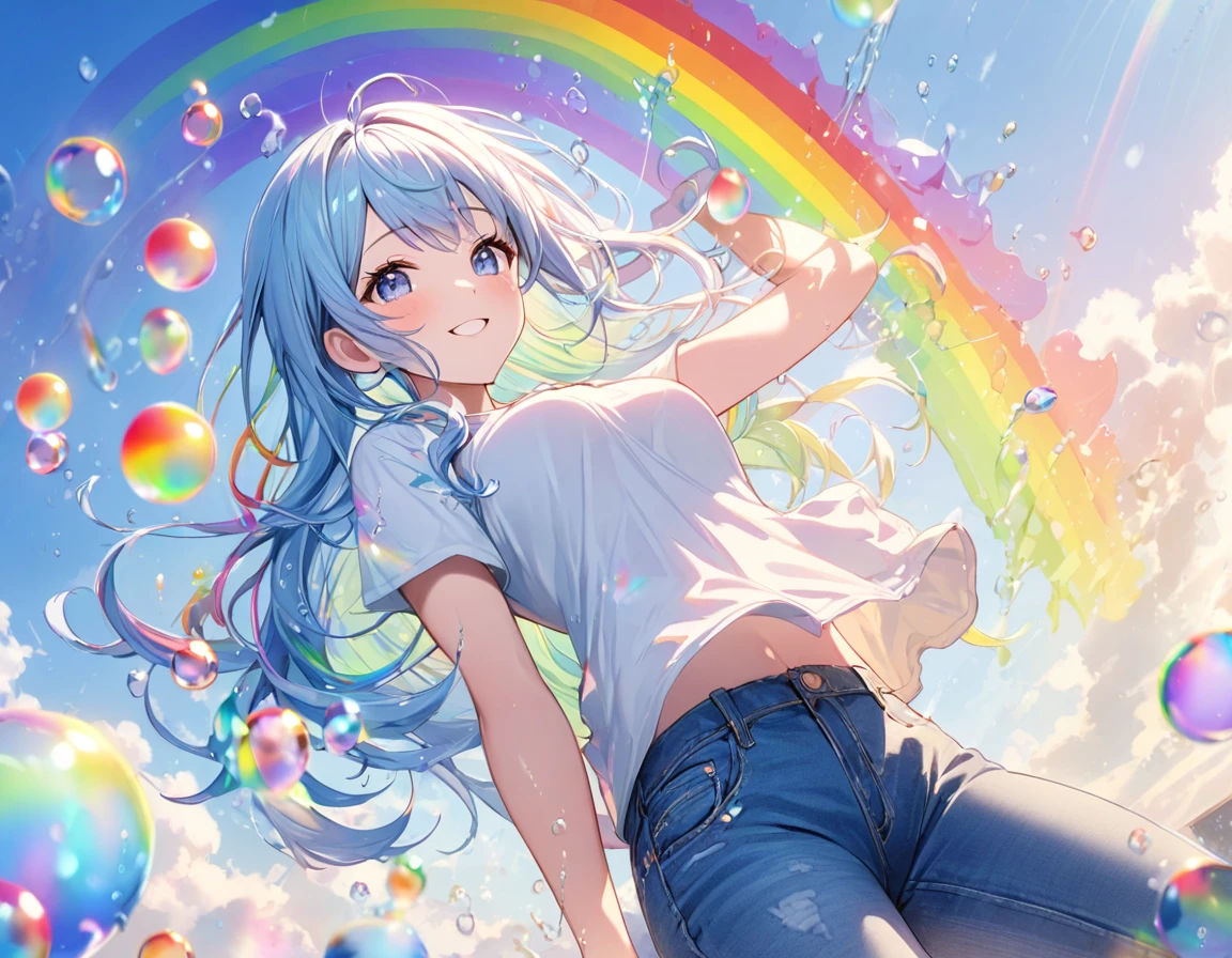 (Highest quality), (Super detailed),(Light blue long hair),(figure), (One girl), Beautiful fine details,Delicate and beautiful face,smile、A big rainbow in the blue sky after the rain、Colorful rainbow bubbles、Jeans on a t-shirt、floating,(High saturation),(Colorful splashes),
