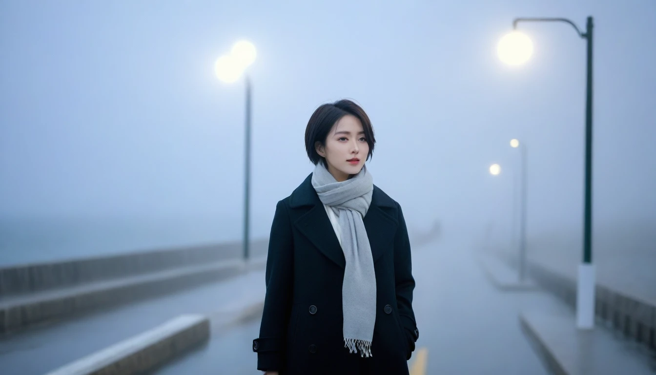 Ah k, Vivid picture quality, Beautiful 36-year-old Korean woman, short, short medium hair, scarf, rain, Fog, ocean, tide,umbrella, only, breakwater, Street lamp, Black coat, 짙은 Fog가 낀 ocean