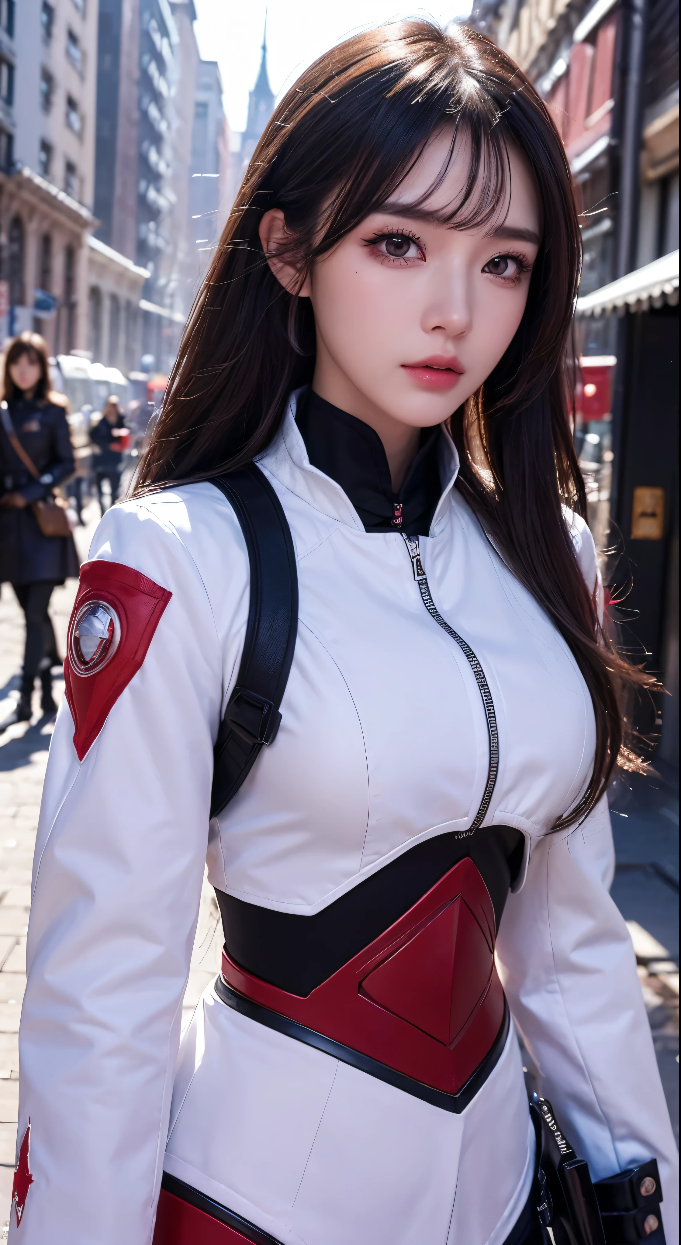 (extremely detailed CG unity 8k wallpaper),(masterpiece), (best quality), (ultra-detailed), (best illustration),(best shadow), cowboy shot, (sharp eyeliner, eyeshadow, detailed eyes:1.1), (city background:1.2), ,BREAK , mod3 (girls' frontline), , 白いコートに赤いアーマードスーツ