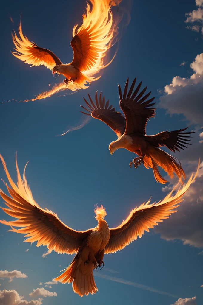 Create a phoenix coming out of fire and ash and flying towards the clouds and spreading its wings beautifully and beating and singing in the clouds