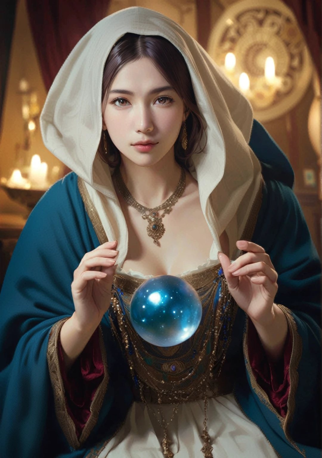Body Orientation: front. Female fortune teller. Charm, Beautiful and mysterious. She wears a purple cloak、Have a clear face. The atmosphere is bright and sparkling, 不安and期待でいっぱい. A fortune teller is standing. He has a crystal ball in each hand. The lighting in the room is bright, Create a fantastic atmosphere. Best image quality, 4K or 8K resolution. Extremely detailed and realistic, Photorealistic. Emphasis on mystical and mystical themes. 占い師のマントは金属の縁取りand複雑なデザインで装飾されており、The thickness ratio is 1。.5. The overall atmosphere is fantastical, like a starry sky.. The fortune teller's facial expression should arouse mystical interest..
Translate with DeepL.and (Free version)
