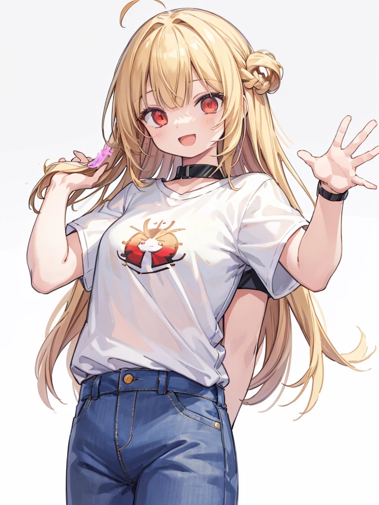 (masterpiece, best quality, highres:1.2), white background, simple background, 1girl, blonde hair, long hair, straight hair, red eyes, smile, open mouth, waving, white t-shirt, short sleeves, jeans