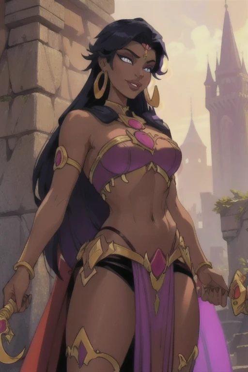 Fantasy style, Fantasy setting, A beautiful young sorceress (1 girl), dark-skinned female, with long purple flowing hair, purple eyes, purple iris, mascaras purple eyeshadow, smile, purple lipstick, skin covered in purple markings, (Wearing: golden headpiece, golden ringed earrings, purple cape, purple strapless top, purple loincloth, pelvic curtain, golden armlets, golden boots), ((Holding a golden staff)), looking mature and alluring at 28 years old, (detailed eyes, detailed lips, extremely detailed face), intricate detailed portrait, photo realistic, 8k, highly detailed, cinematic lighting, warm color palette, castle ruins background, detailed foliage, golden hour lighting, dramatic lighting, dramatic pose, sensual, alluring, captivating gaze, photorealistic, masterpiece
