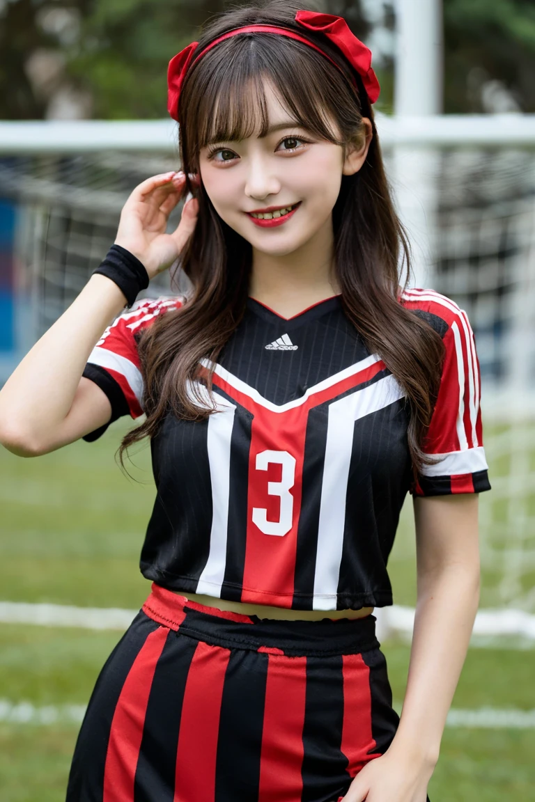 1 beautiful girl , masterpiece, high quality, best quality, extremely detailed,(((wearing black and red striped soccer jersey))), Black Maxi skirt, hairband ,((Ample Breasts)), Diminutive Height,Giddy Smile