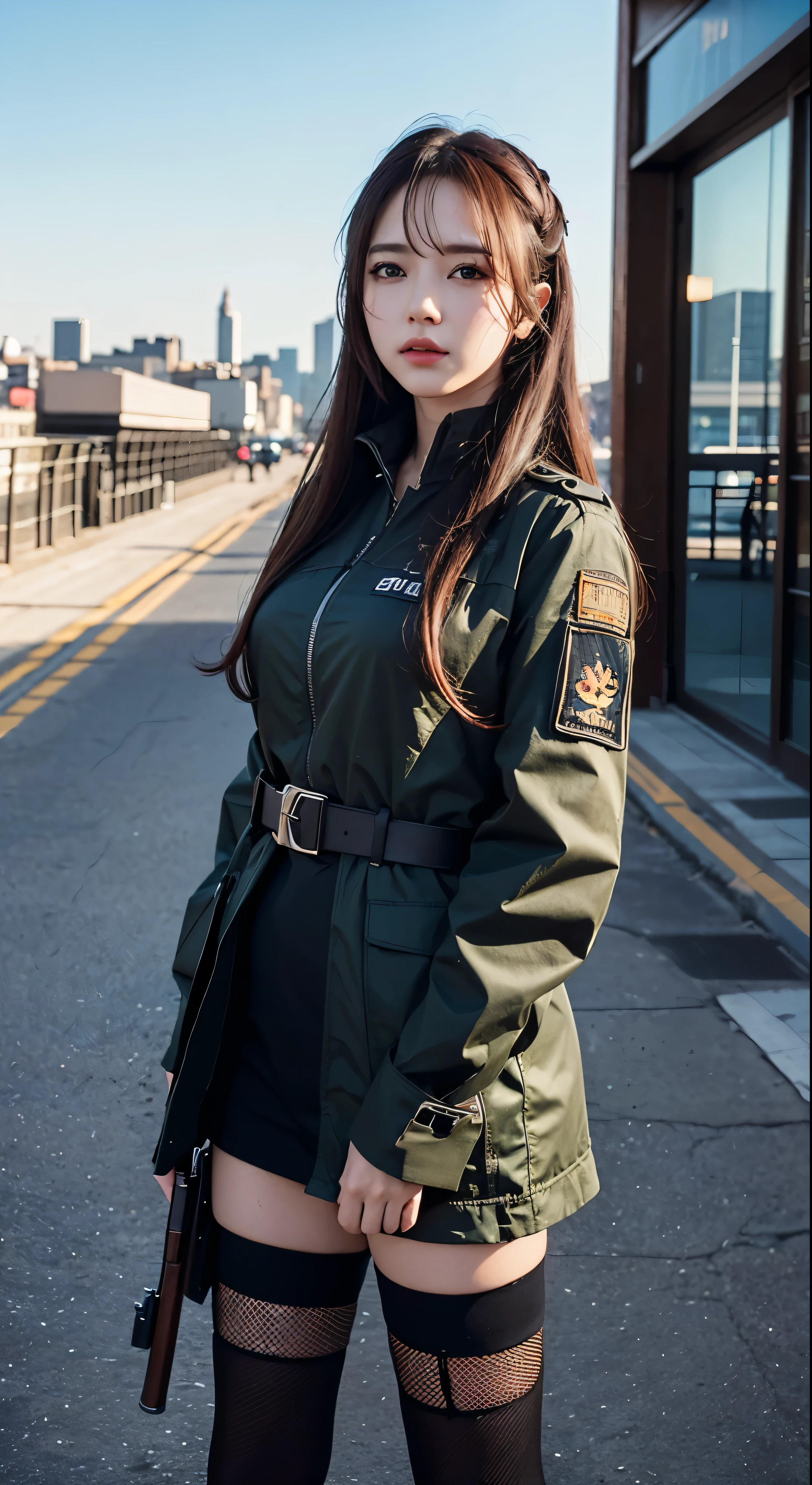 (extremely detailed CG unity 8k wallpaper),(masterpiece), (best quality), (ultra-detailed), (best illustration),(best shadow), cowboy shot, (sharp eyeliner, eyeshadow, detailed eyes:1.1), (city background:1.2), ,BREAK , mod3 (girls' frontline), , 白いコートに赤いアーマードスーツ