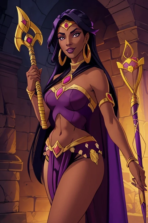 Fantasy style, Fantasy setting, A beautiful young sorceress (1 girl), dark-skinned female, with long purple flowing hair, purple eyes, purple iris, mascaras purple eyeshadow, smile, purple lipstick, skin covered in purple markings, (Wearing: golden headpiece, golden ringed earrings, purple cape, purple strapless top, purple loincloth, pelvic curtain, golden armlets, golden boots), ((Holding a golden staff)), looking mature and alluring at 28 years old, (detailed eyes, detailed lips, extremely detailed face), intricate detailed portrait, photo realistic, 8k, highly detailed, cinematic lighting, warm color palette, castle ruins background, detailed foliage, golden hour lighting, dramatic lighting, dramatic pose, sensual, alluring, captivating gaze, photorealistic, masterpiece
