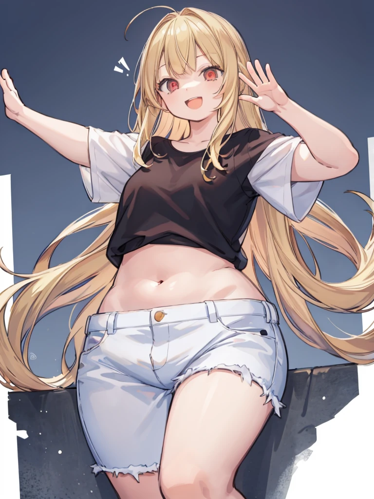 (masterpiece, best quality, highres:1.2), white background, simple background, 1girl, blonde hair, long hair, straight hair,  red eyes, smile, open mouth, waving, white t-shirt, short sleeves, jeans