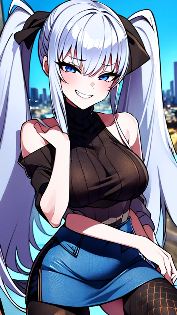 (8k、Best image quality、highest quality、masterpiece)、Detailed face、One girl、Black Hair、twintails、Light blue eyes、evil smile、((Grin))、Small breasts、((white knit))、Off the shoulder、Strapless、((denim pencilskirt))、((pantyhose))、Cowboy Shot、City Background