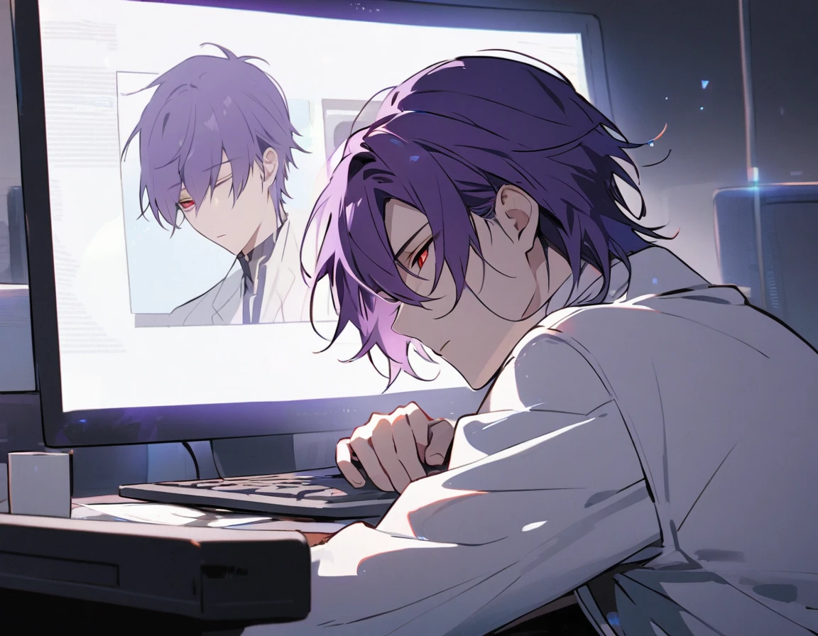 Handsome, Solitary, 1 male, Purple Hair, Red Eyes, White shirt, Light-colored coat,Quiet face, Sleeping on the computer desk,The light from the display screen shone on his face