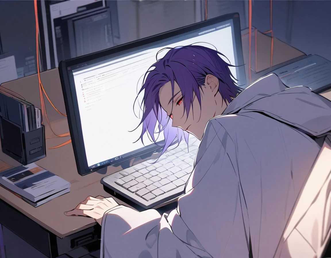 Handsome, Solitary, 1 male, Purple Hair, Red Eyes, White shirt, Light-colored coat,Quiet face, Sleeping on the computer desk,The light from the display screen shone on his face