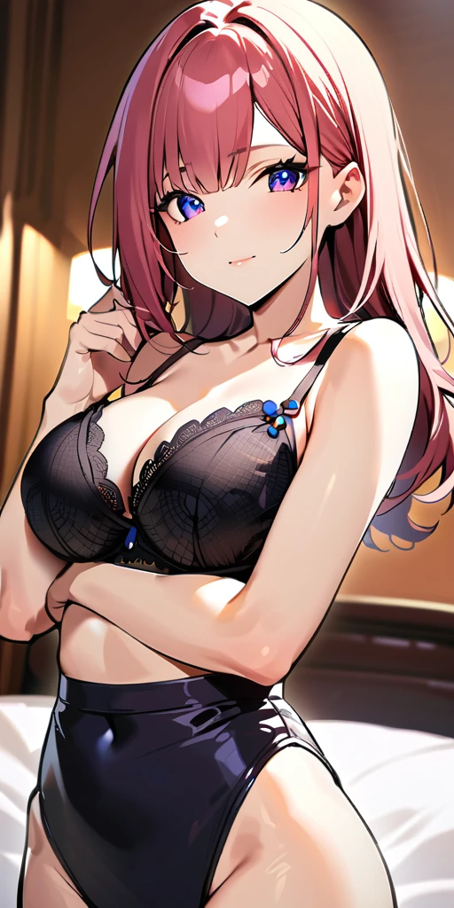 ((Highest quality、、masterpiece:1.3)), Upper Body、Long legs、Sharp focus:1.2, Beautiful woman with perfect figure:1.4、(Smiling:1.2), double eyelid、30-year-old female、Sexy pose、((((Close your mouth、One Woman, lace bra ,Luxury hotel room))))、(((((Hands on the side of the body:1.5)))))