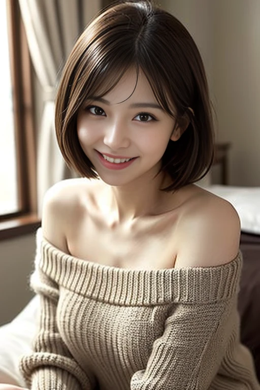 Highest quality, Tabletop, Ultra-high resolution, (Like the picture:1.4),(Depth of written boundary),Realistic, Professional Lighting, Physically Based Rendering,
1girl in, (A satisfied smile:1.2), Cinematic Light,
Age 25, View from the front, girl, woman, (Korean Idol), Short Hair, My hair is messy, Asymmetrical bangs, Brown Hair, Lifelike and detailed face, ((Slim face)), ((Off-the-shoulder knit)), Real skin texture, (bed:1.5), Highly detailed CG Unity 8k, (Age 25:1.5),