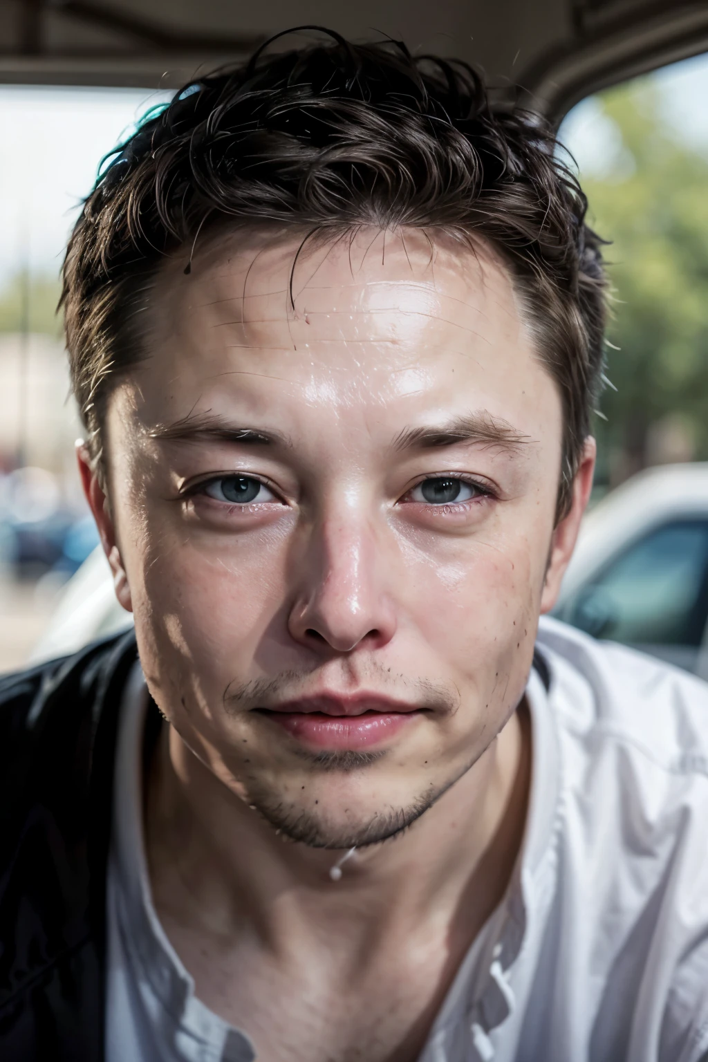 Create a photo of Elon Musk drinking, one of him smiling and the other crying 
