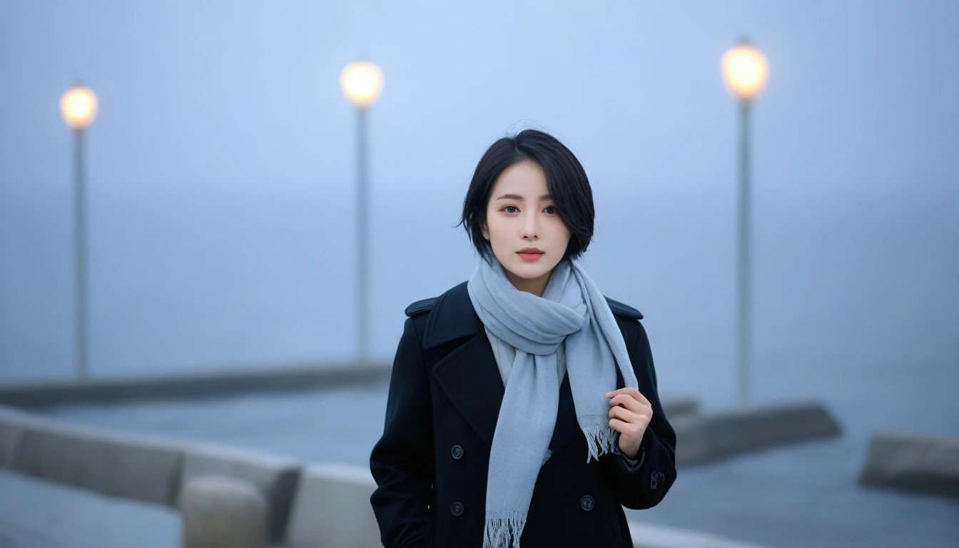Ah k, Vivid picture quality, Beautiful 36-year-old Korean woman, short medium hair, scarf, rain, Fog, ocean, tide,umbrella, only, Muzzle, breakwater, Street lamp, Black coat, 짙은 Fog가 낀 ocean