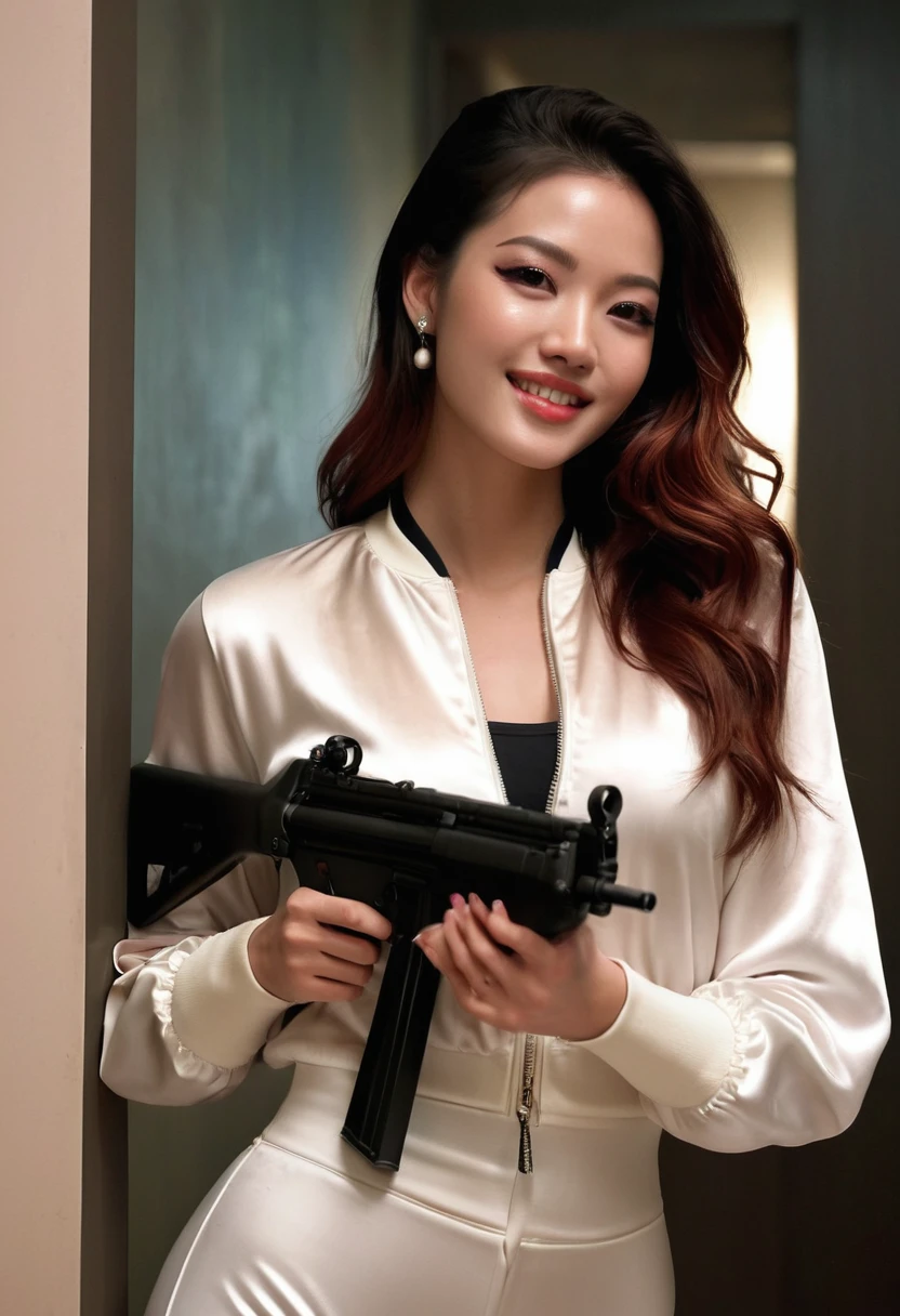 Half body photo, 1 beautiful girl; coy smile, two tone black and white satin bomber jacket with white sleeves; holding a full size MP5 gun in in her hands, m16 rifle black satin pants,, long hair,wearing jewelry, natural makeup, extremely detailed eyes and face, lovely smile, delicate blush, sensuous lips, intricate facial details, perfect skin, flawless skin texture perfect, ; standing in a long hallway with many doors, evening lighting,, , subtle , dreamy, luxurious atmosphere, low lighting; Super high quality, surreal, 8K, high resolution, masterpiece, detailed, extremely magical, professional cinematic lighting, , ; Fine brushstrokes,ethereal vibe,mesmerizing gaze,dreamy atmosphere,blending elegance,subtle color gradients,,understated beauty. In the background several men lay unconscious on the hallway floor